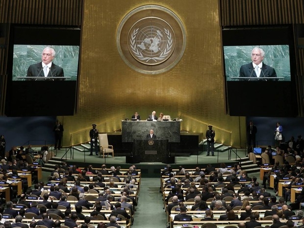O presidente Michel Temer durante discurso na 71 sesso da Assembleia Geral das Naes Unidas, na sede da