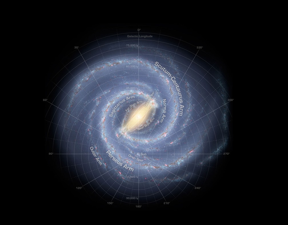 Representao grfica de nossa galxia, a Via Lctea, que  organizada em braios espirais formados por estrelas gigantes que iluminam os gases e poeiras interestelares