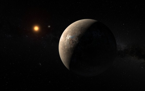 Ilustração mostra o planeta Proxima b orbitando ao redor da anã vermelha Proxima Centauri, vizinha mais próxima do Sol